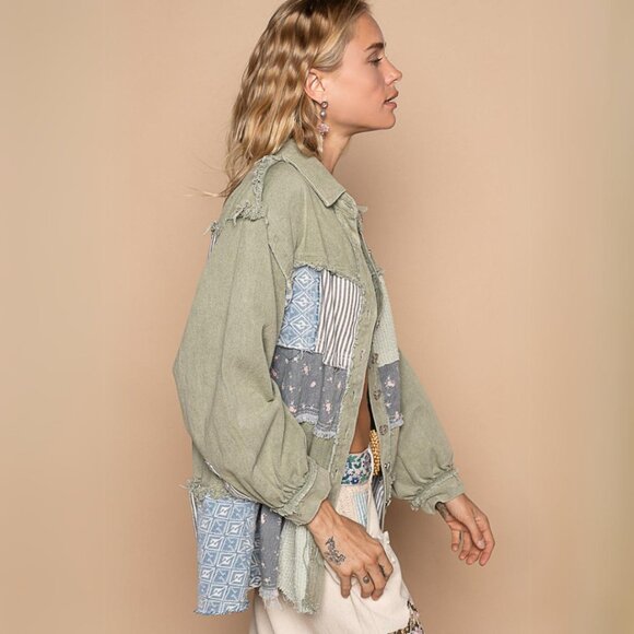 POL Oversized Mixed Fabric Jacket Olive Patchwork Quilted NWT - Picture 3 of 4
